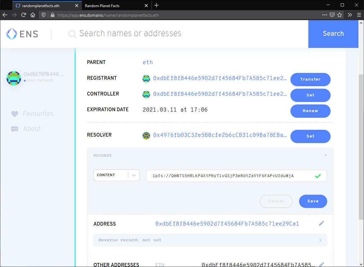 Setting the content record as an IPFS CID.