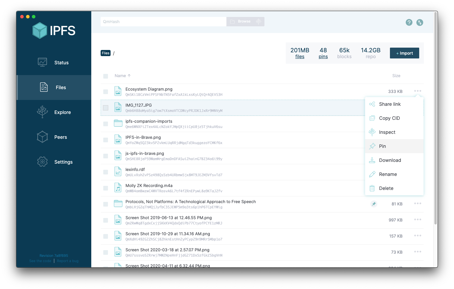 IPFS Companion application showing the pinning option.